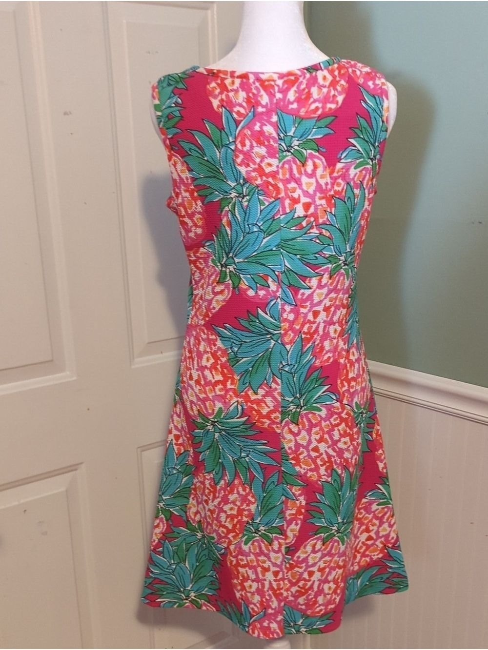 Ronni Nicole Hot Pink Tropical Trim Sleeveless Midi Dress Pineapple Design Small - Picture 6 of 11